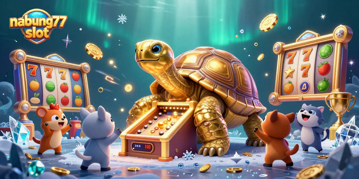 Experience the excitement of nabung77 slot with a vibrant 3D scene featuring playful slots, golden coins, and a colossal tortoise.