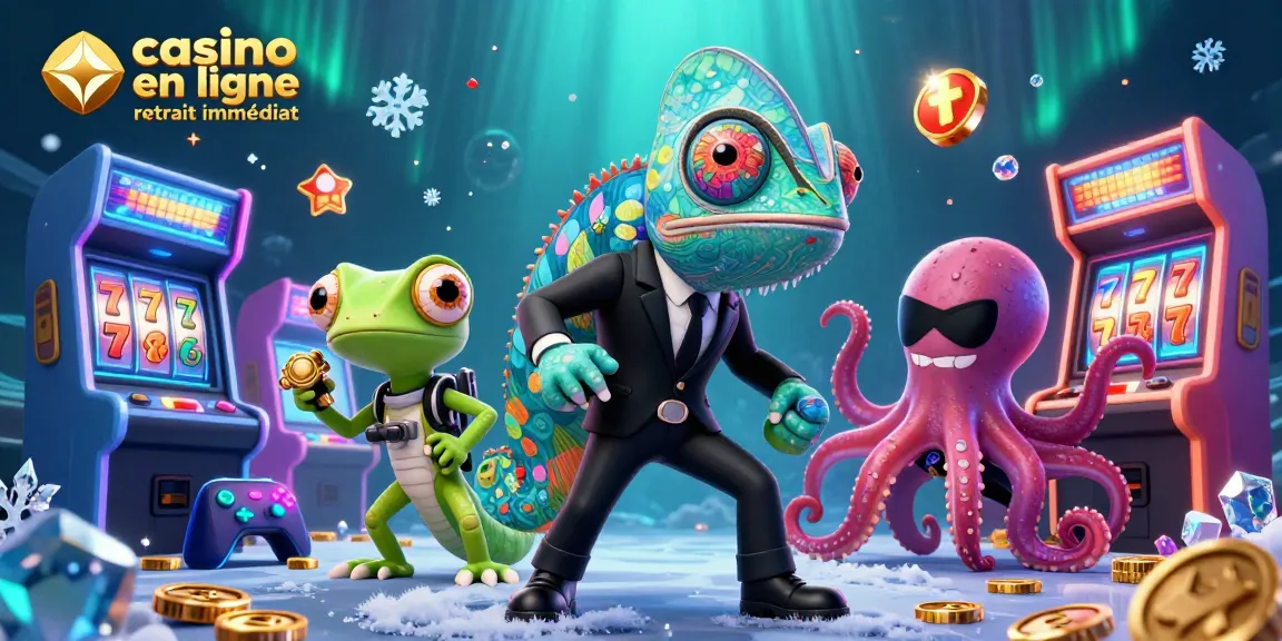 Gagnez gros au casino en ligne retrait immédiat avec un caméléon 3D vif, un gecko et une pieuvre en action.