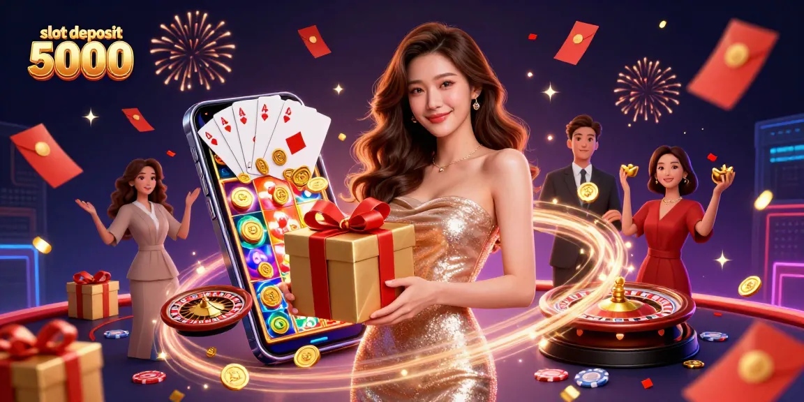 Experience winning opportunities with slot deposit 5000, featuring festive casino elements and a welcoming ambiance.