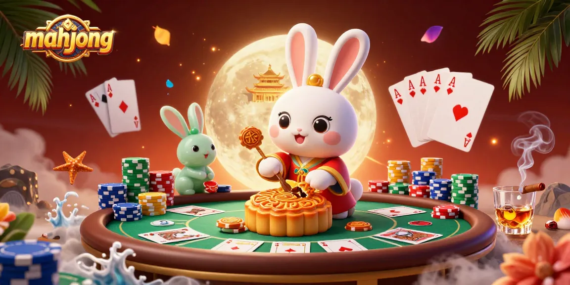Experience mahjong with a lively scene of a moon rabbit crafting mooncakes on the moon, revealing poker chips.