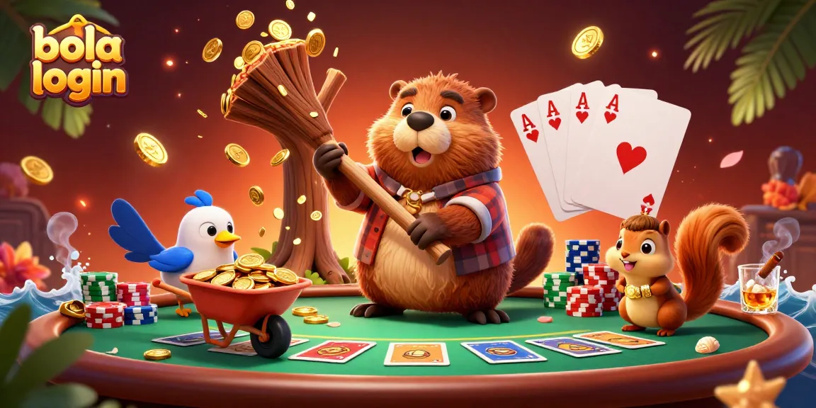 Bola login for seamless access to sports betting, featuring characters with gold coins and poker elements.