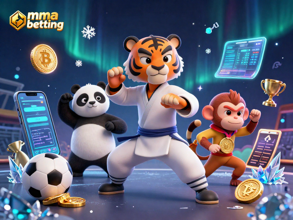 MMA betting scene with a kung fu tiger master, panda disciple, and monkey student, surrounded by sports betting elements.