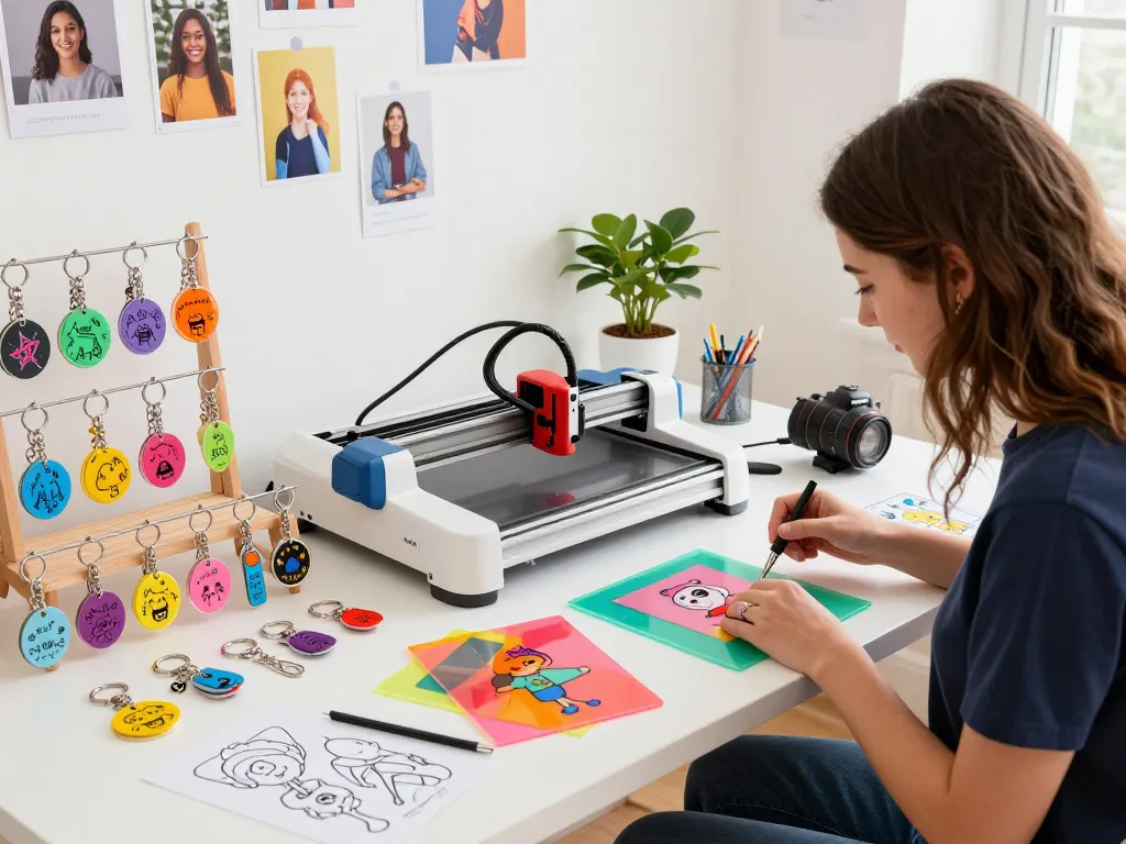 Customized key chains being crafted with a designer at work, colorful acrylic sheets and tools.