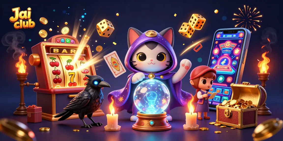 Win big at Jai club with a cartoon mystical cat and raven amidst casino chaos.