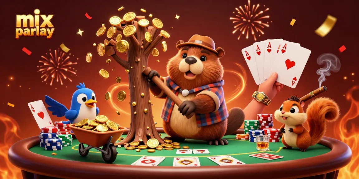 Experience the thrill of mix parlay betting illustrated with lively 3D characters amidst colorful gambling elements.