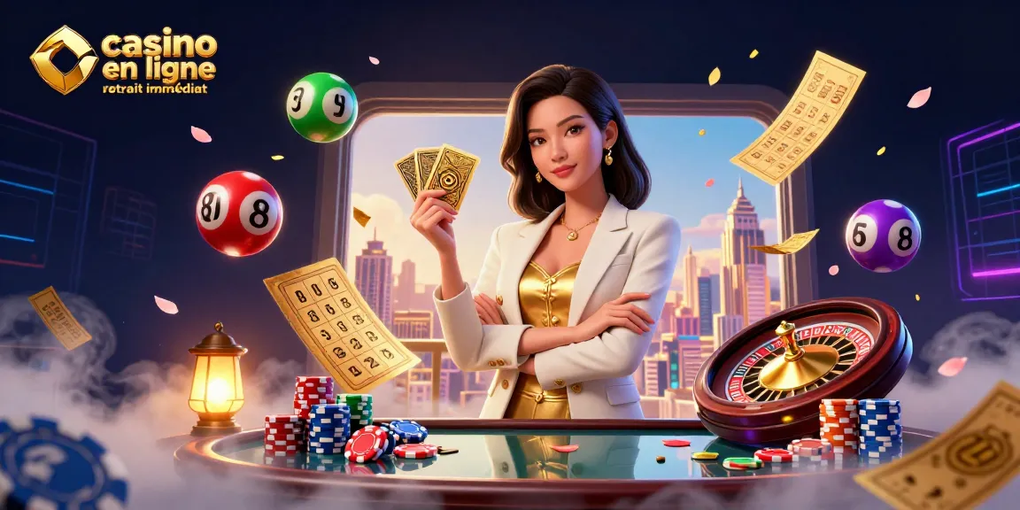 Plongez dans le monde passionnant du casino en ligne retrait immédiat alors qu'une femme d'affaires élégante tient des cartes dorées au milieu d'éléments de jeu vibrants.