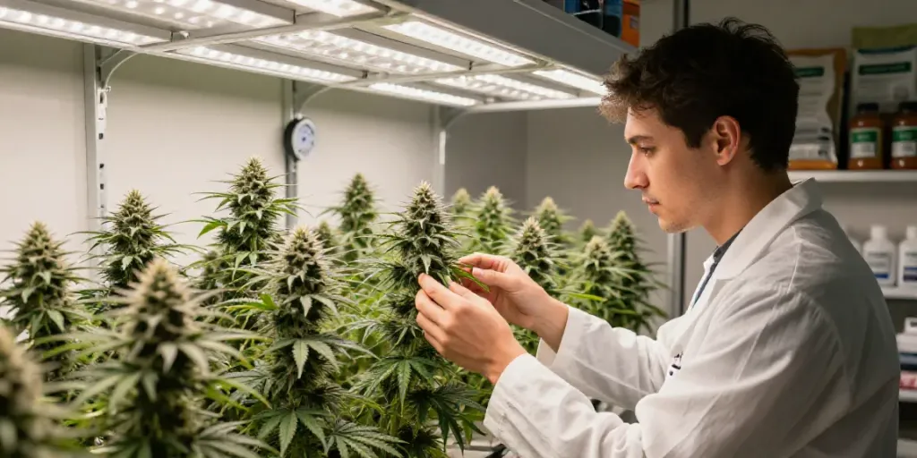 Feminierte Cannabissamen kaufen in einem magisch beleuchteten Grow-Raum mit gesunden Pflanzen und einem Züchter.