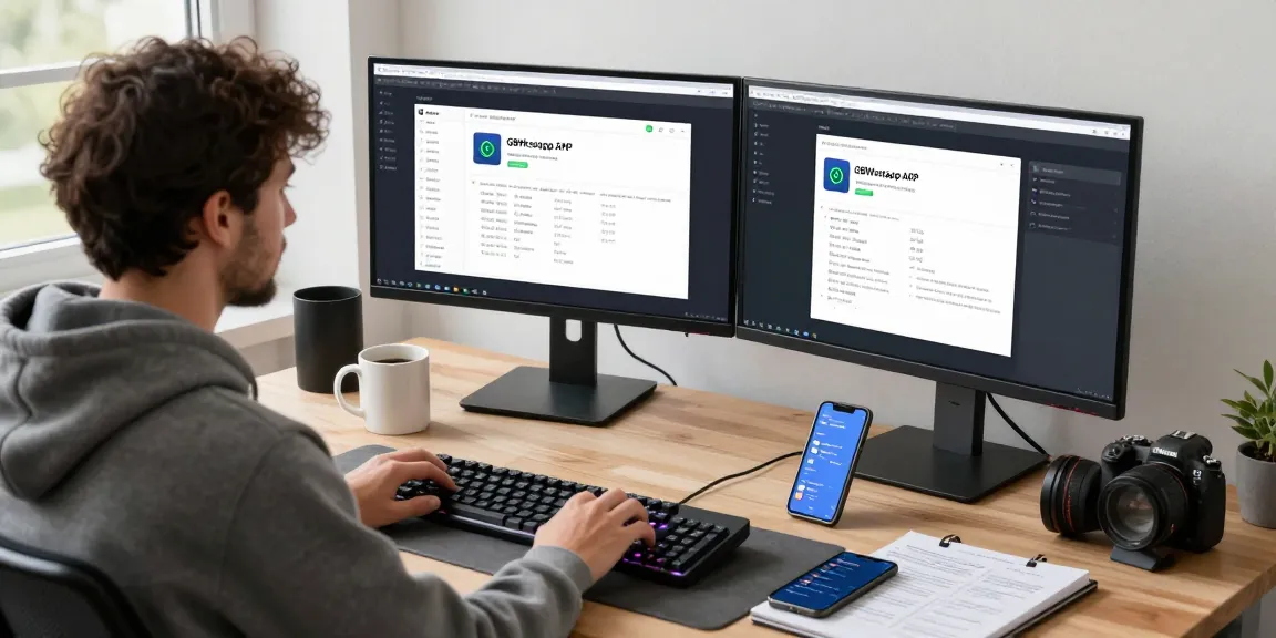 Developer enhancing GBWhatsApp features at a modern workspace with dual monitors and creative tools.
