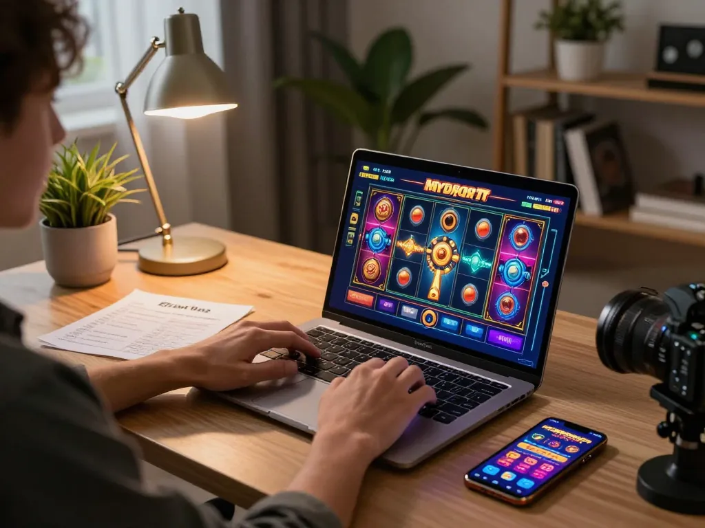 Engaged player spinning online slot gacor in a stylish home office setup.