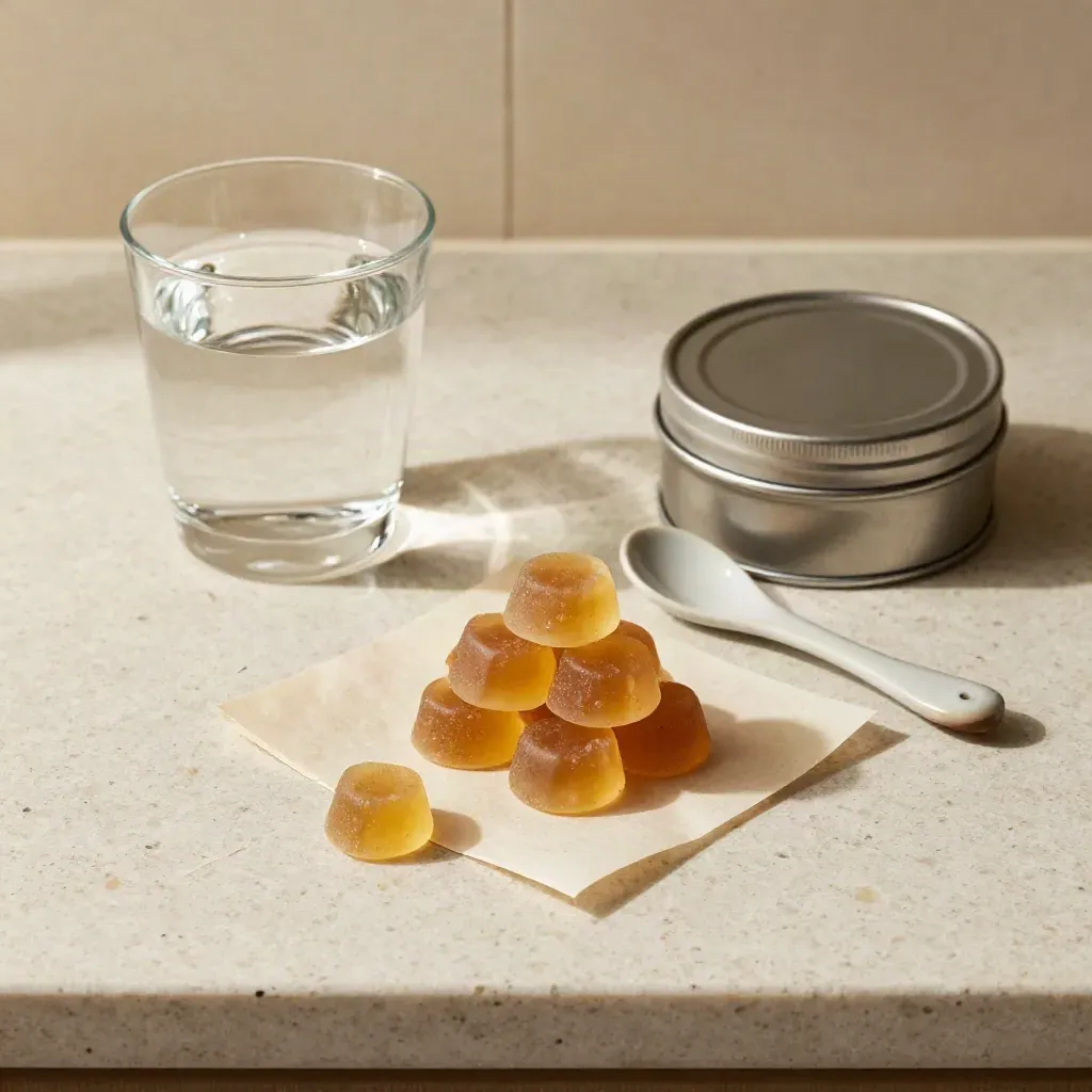 Top-down gummies, water, spoon, parchment, and sealed tin on a pale stone counter.