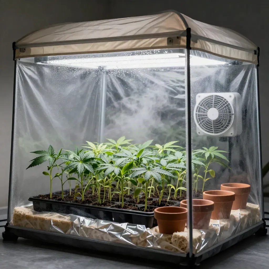 Open grow tent glowing at blue hour with seedling trays, clay pots, humidity dome and fan.