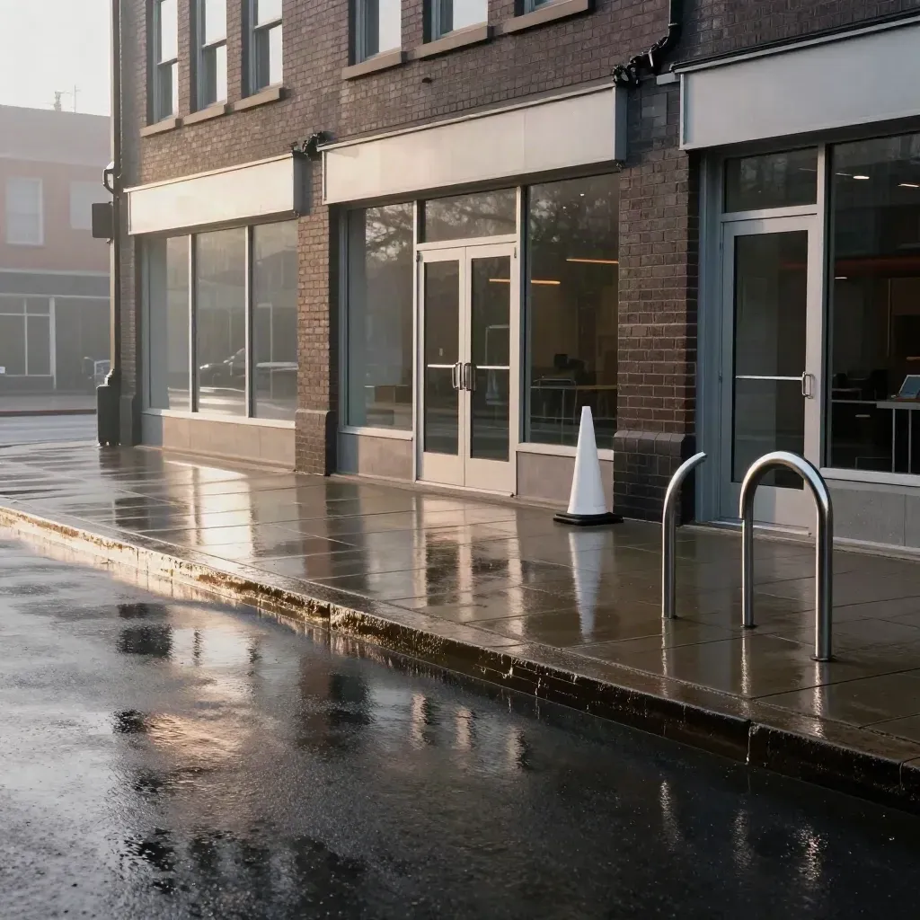 Rain-slick storefront row, bicycle rack, traffic cone and civic plaza after morning rain.