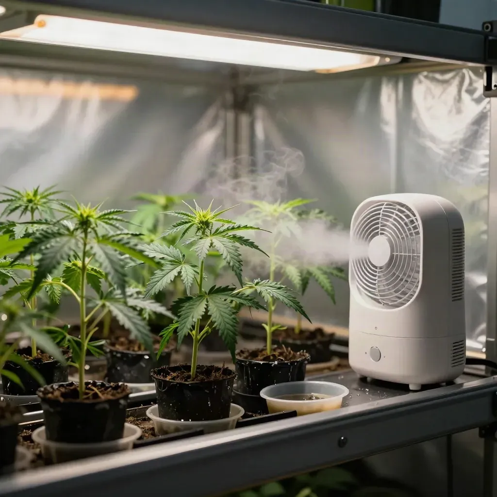 Young cannabis plants in a grow tent with fan, humidifier, mist, and bright grow light.
