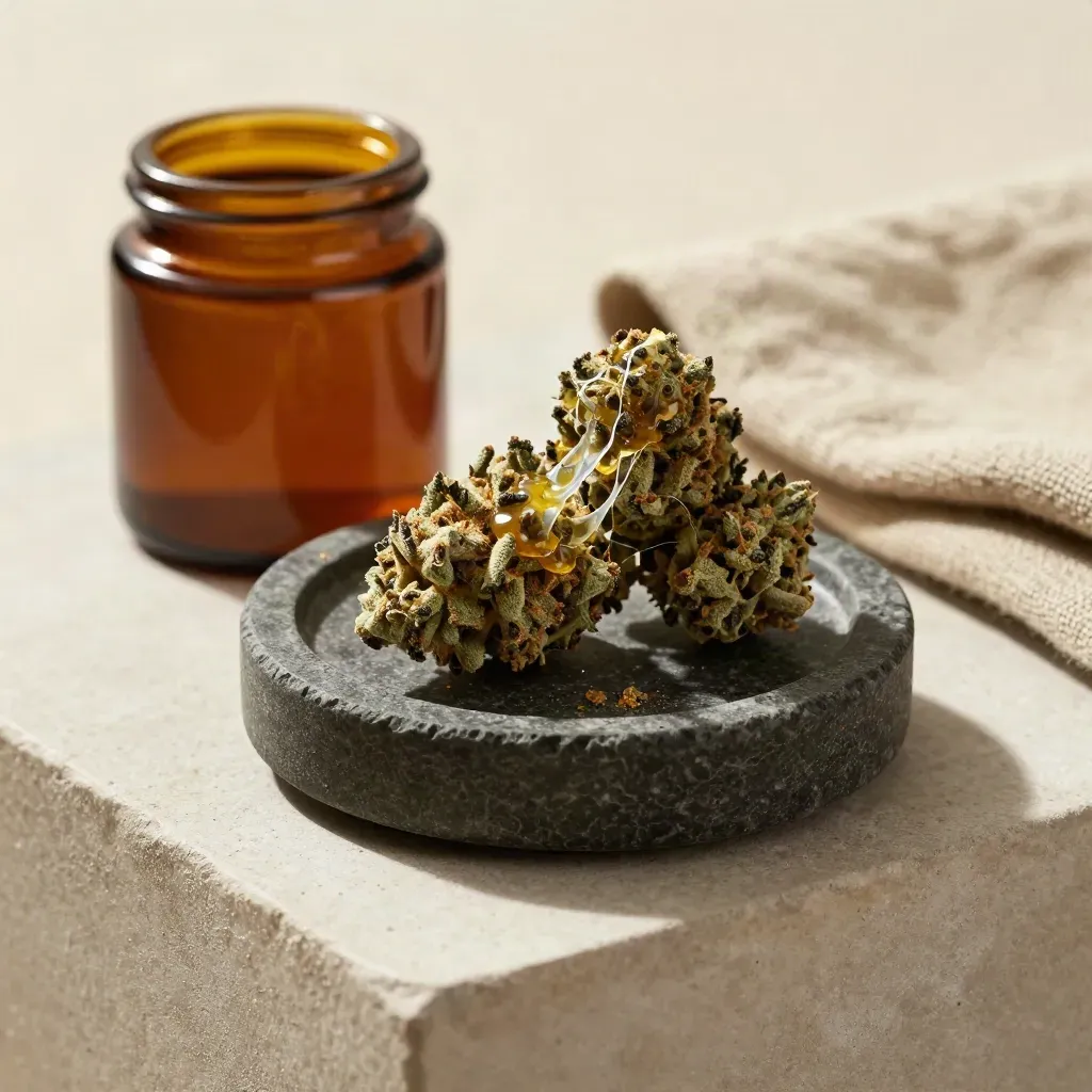 Macro of a Gorilla Glue nug cluster glistening beside an amber jar on stone and linen.