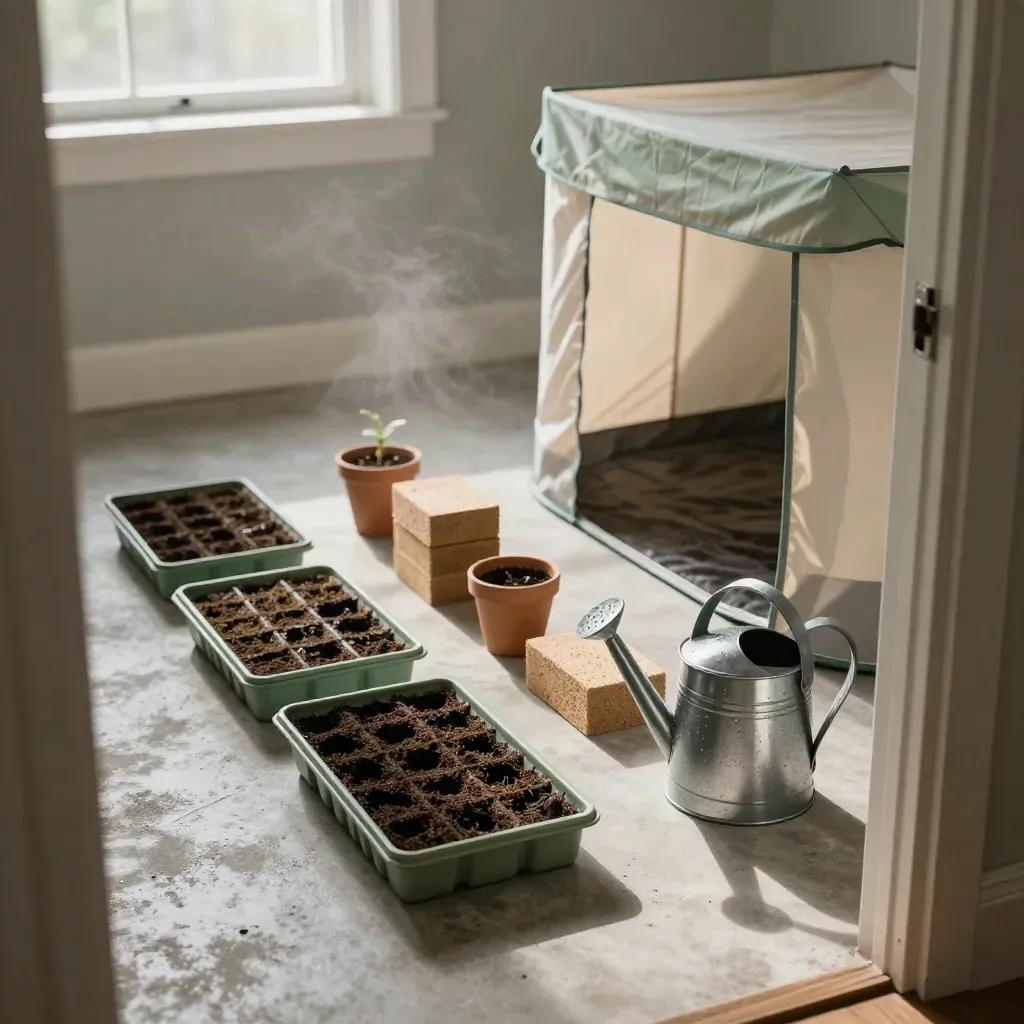Overhead view of a spare room grow setup with seed trays, coco blocks, pots, watering can, and open tent.