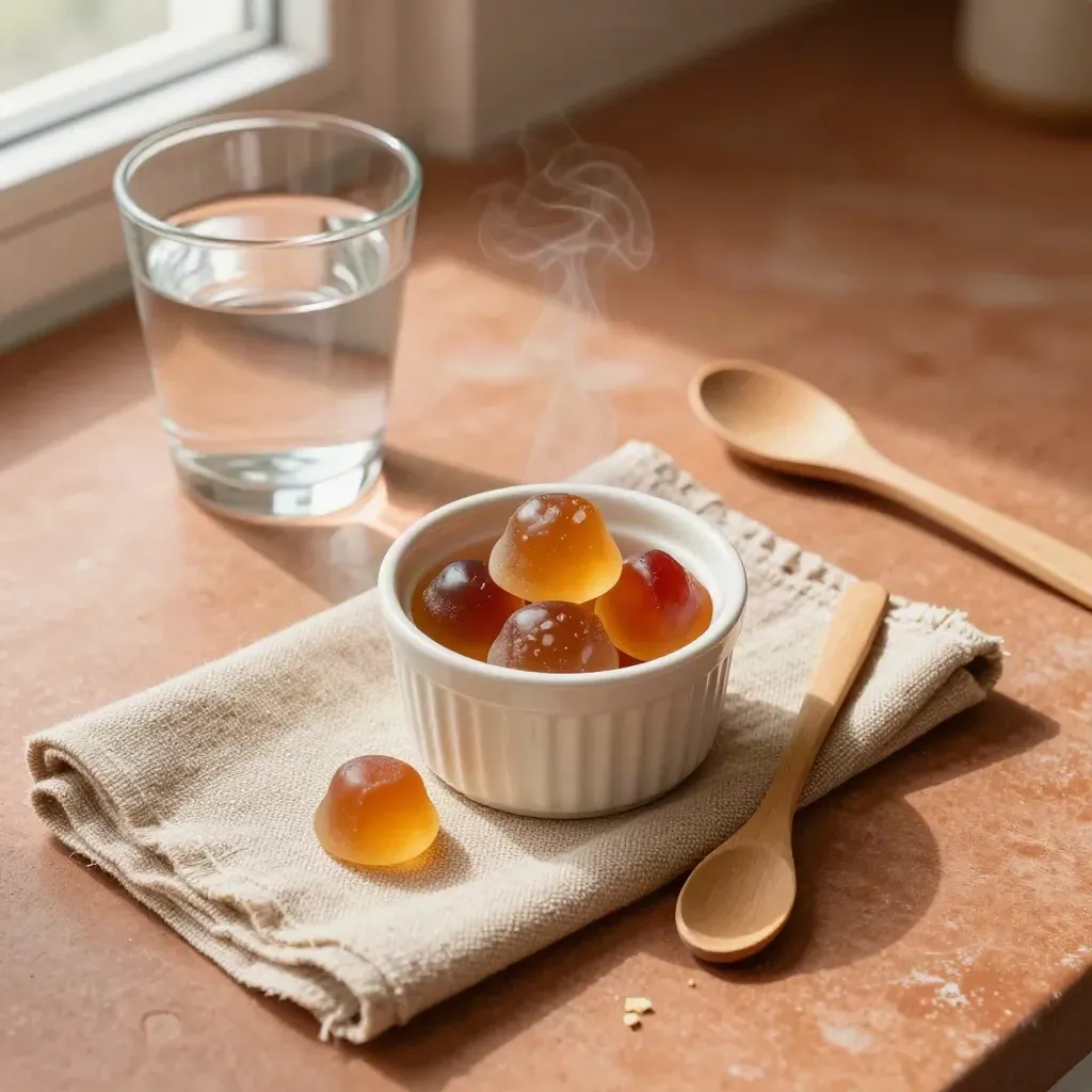 Top-down flatlay of gummies, water glass, ramekin, cloth and spoon on a warm kitchen counter.