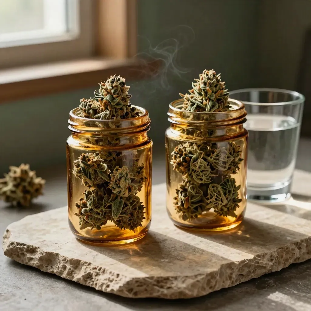 Two cannabis flower jars and a water glass on stone in warm daylight