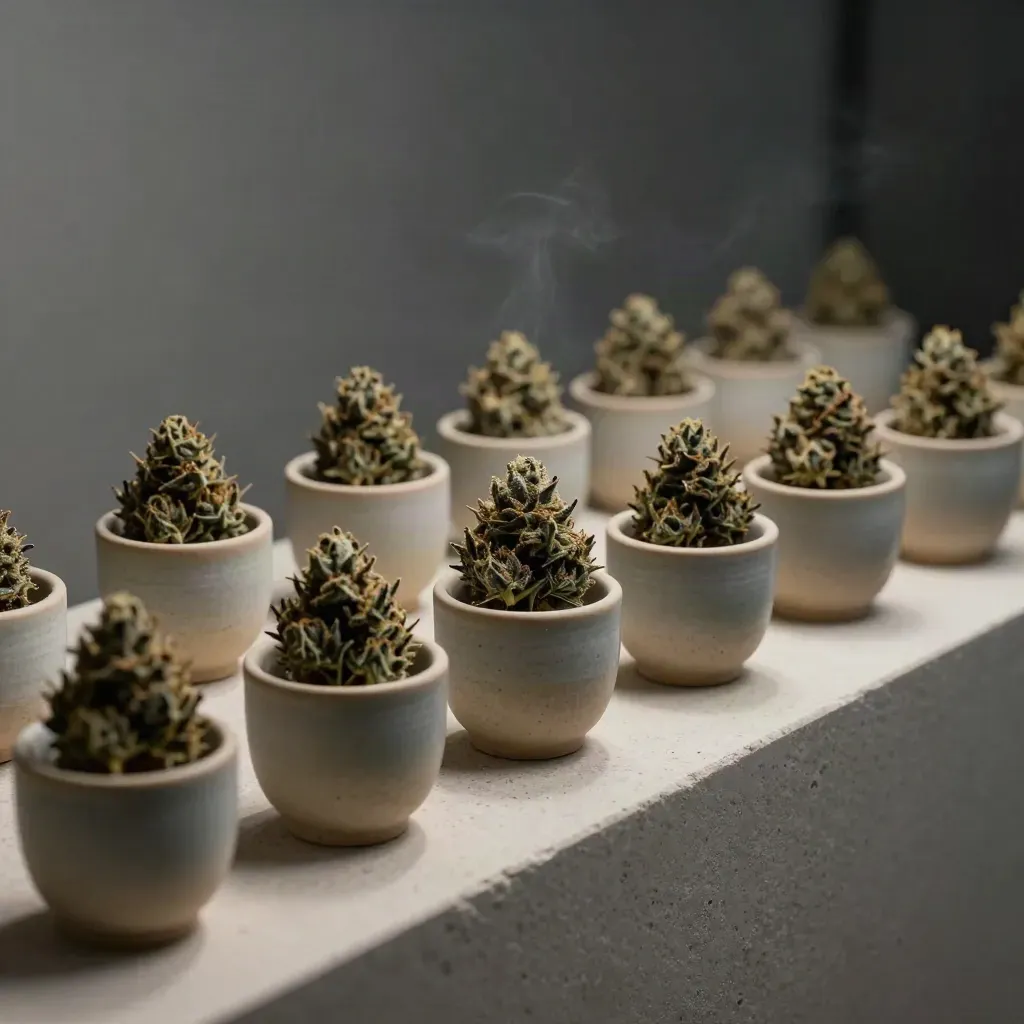 Ten dark indica buds in small ceramic cups along a stone ledge in cool evening haze.