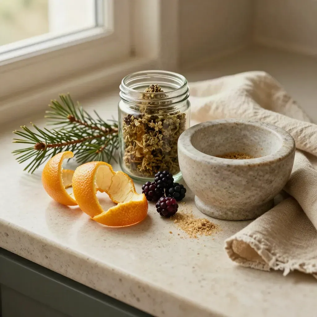 Citrus peel, pine, berries, flower jar and mortar on a travertine ledge in warm window light.