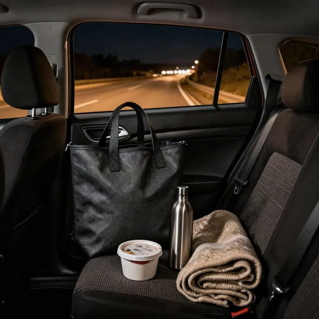 Packed cannabis travel kit on a car seat, lit by highway glow at night