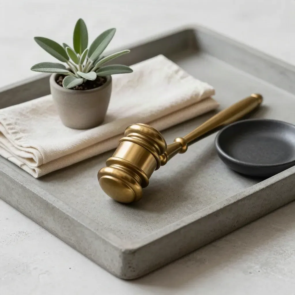 Brass gavel with herb, cloth and ceramic dish on a stone tray in soft daylight.