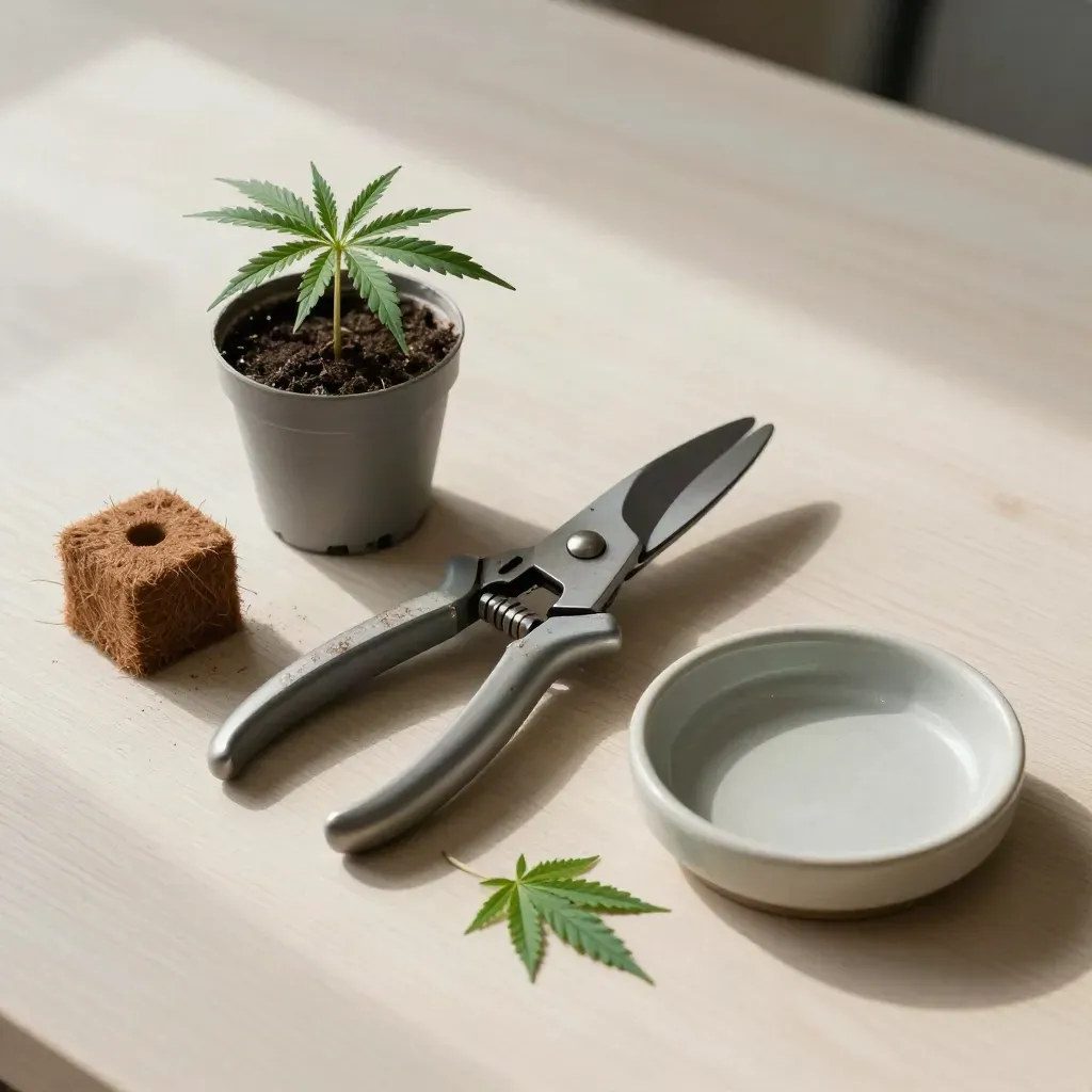 Pruning shears, seedling pot, coco puck, leaf clipping, and saucer on pale wood.