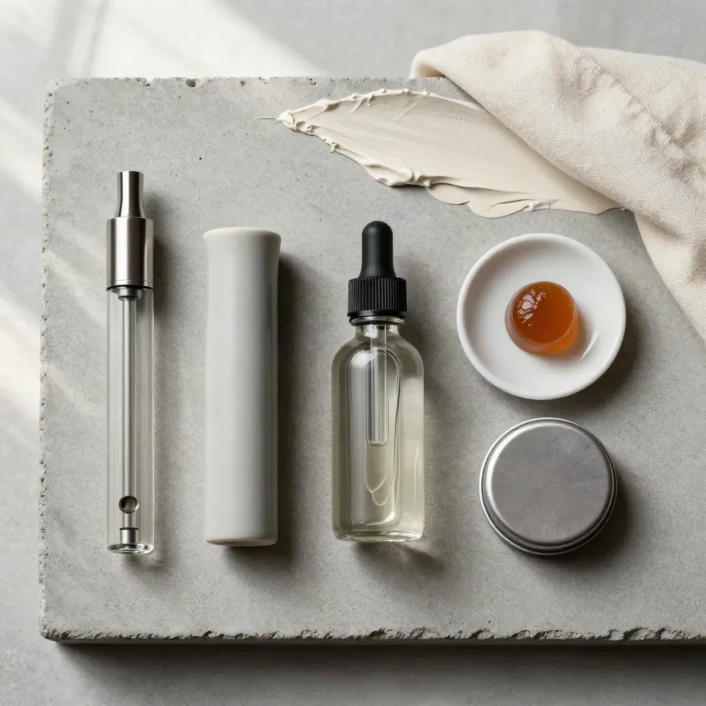 Top-down cannabis method comparison with vape pen, pipe, tincture, gummy, and topical tin on pale concrete.