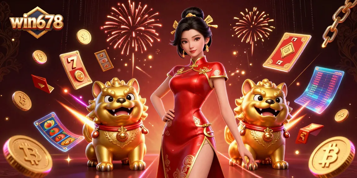 Win678 captivates players with an engaging 3D casino illustration featuring vibrant slots and coins.