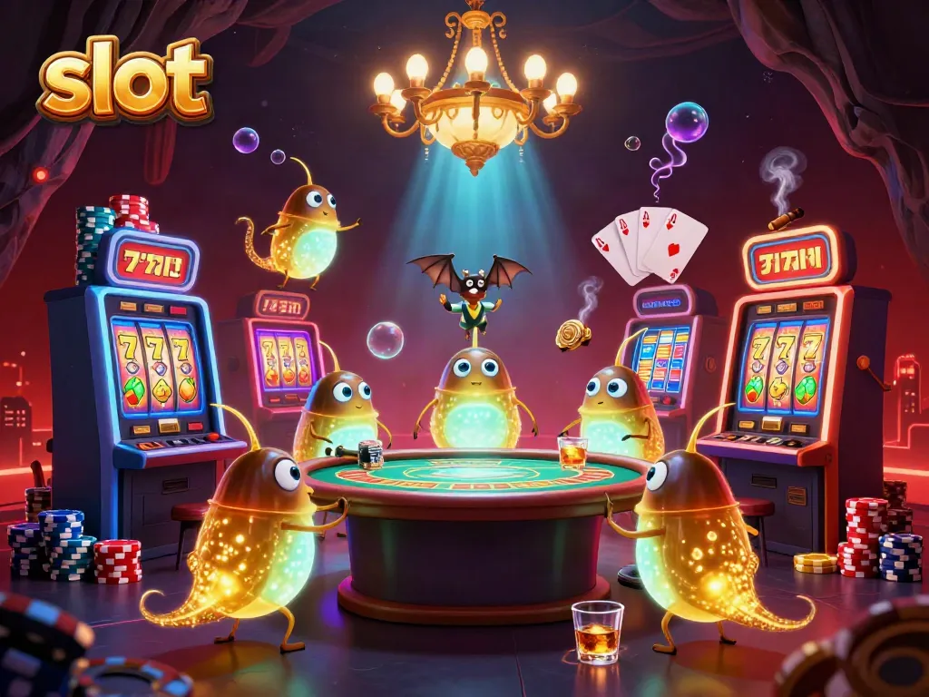 Slot bertema kasino, tim glowworms menciptakan suasana dengan mesin slot dan elemen permainan lainnya.