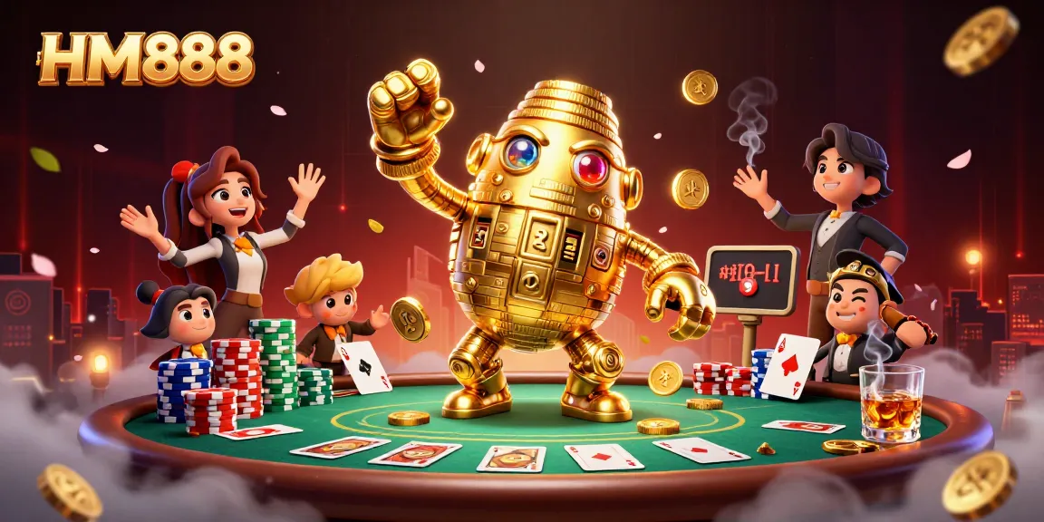 Engage in thrilling gaming with HM888, where a golden golem and poker elements create a vibrant casino scene.