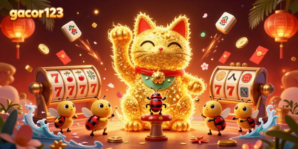 Experience luck with gacor123 in a vibrant, enchanting casino-themed illustration of a lucky cat.