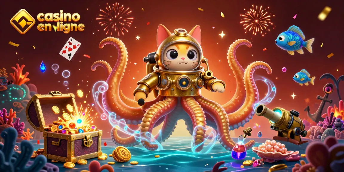 Profitez d'une expérience de jeu unique avec un casino en ligne crypto, illustré par un kraken et un chat plongeur.