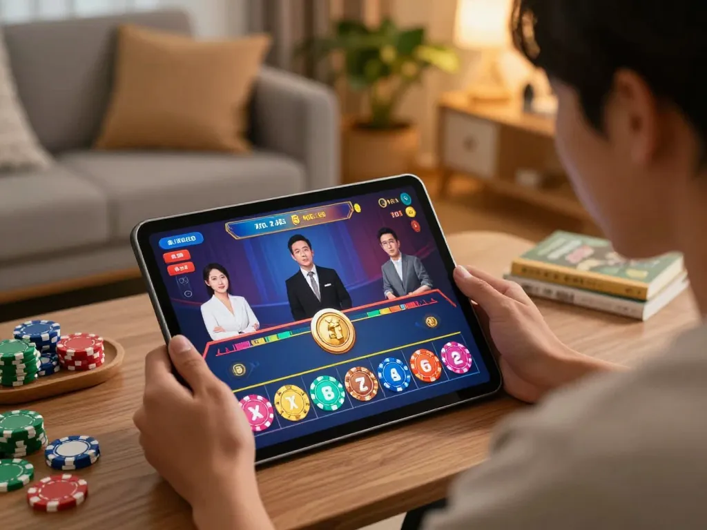 xóc đĩa gameplay on a tablet, featuring vibrant betting options and live dealer in a cozy setting