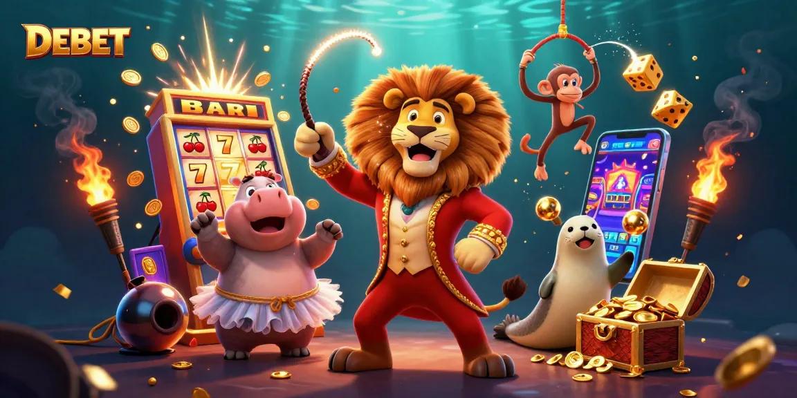 Engage with DEBET's vibrant 3D casino scene featuring characters and slot machines.