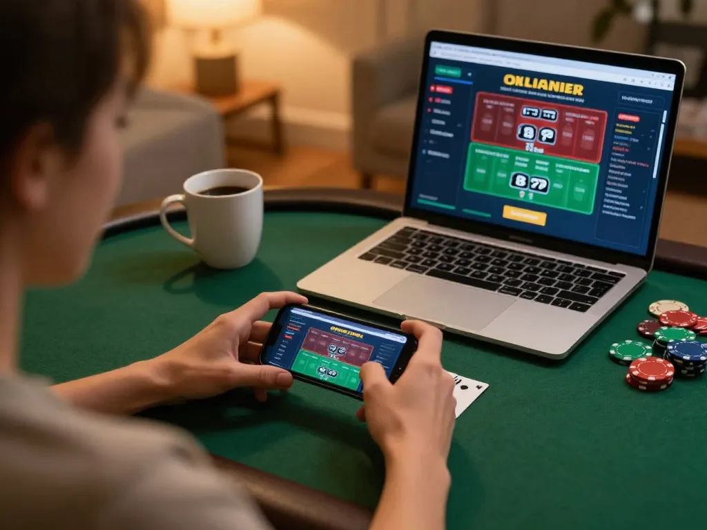 Engaged player using mobile gaming app for Link Alternatif online poker session
