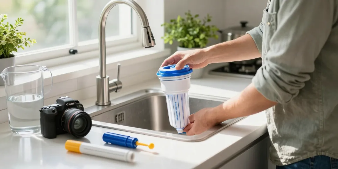 Homeowner installing Waterdrop Spin Down Sediment Filter under the kitchen sink, ensuring clean water.