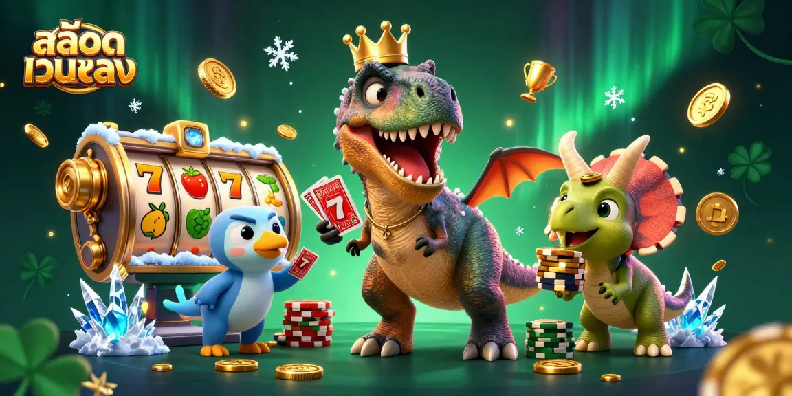 Experience the thrill of สล็อตเว็บตรง with cartoon dinosaurs engaged in exciting card games and slot action.