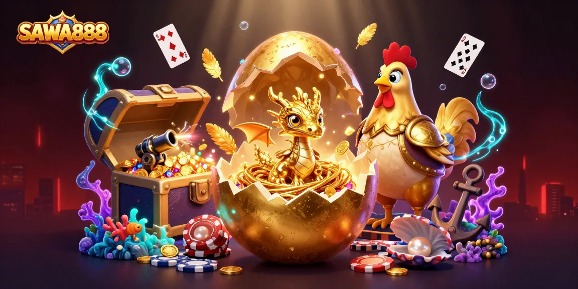 SAWA888 showcases a vibrant dragon and poker chips amidst underwater treasures, enhancing your gaming experience.