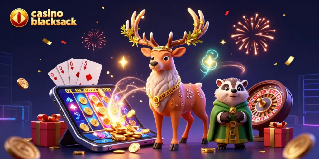 Juega al casino blackjack con una escena vibrante y mágica de personajes en 3D rodeados de juegos de azar
