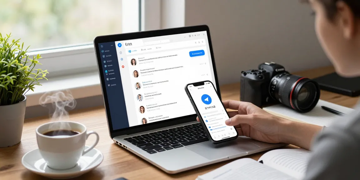 Telegram app interface demonstration in a modern workspace, highlighting 纸飞机中文版 features with engaging tech elements.