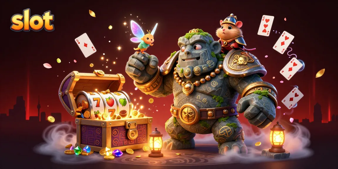 Engage with captivating slot games as the ancient golem guardian and fairy illuminate the casino scene.