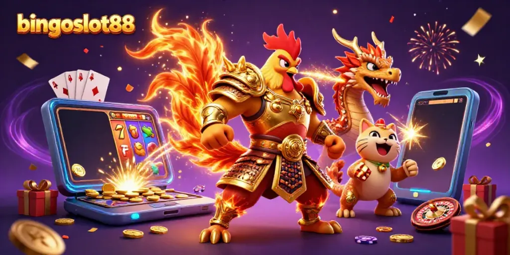 Permainan menarik di bingoslot88 dengan karakter ayam bertarung dan naga, ditampilkan secara 3D.
