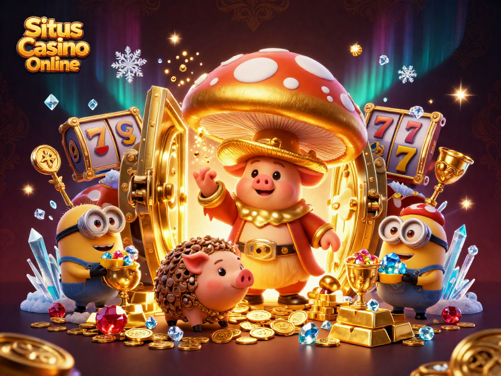 Situs Casino Online skyline filled with treasure, wizard, and jackpot symbols for a vibrant gambling experience