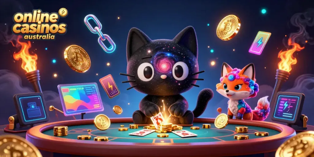 Engage with online casinos Australia features including animated characters and crypto elements.