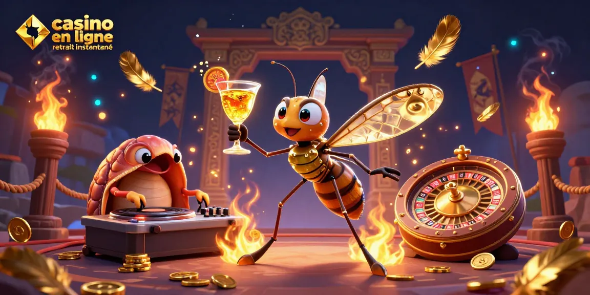 Visualisez l'ambiance dynamique d'un casino en ligne retrait instantané avec un personnage de moustique 3D.