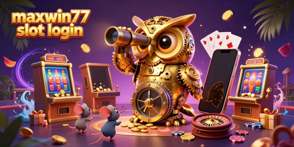 Experience maxwin77 slot login with a vibrant 3D cartoon illustration of an owl overseeing a bustling casino floor.