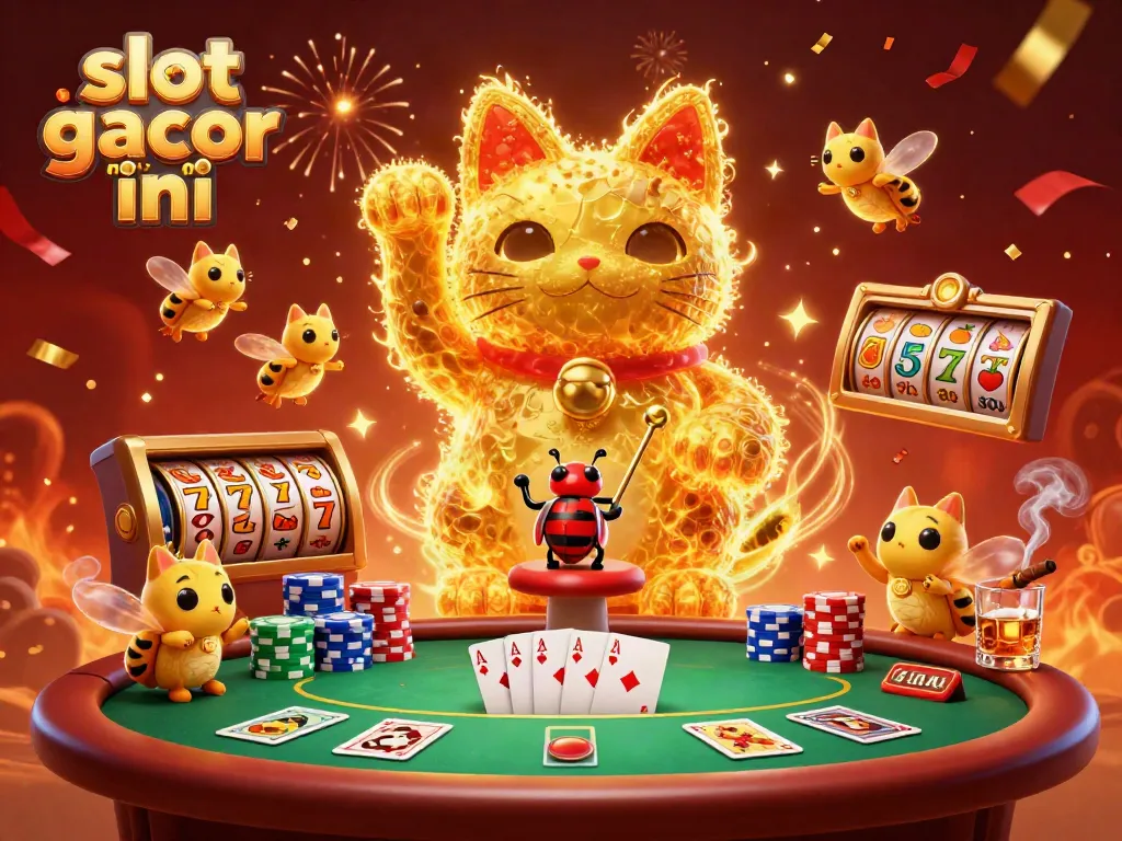 Gambar slot gacor malam ini menampilkan kucing keberuntungan bersama simbol kasino dalam suasana meriah.