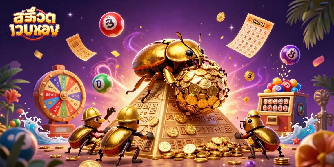 Experience the thrill of สล็อตเว็บตรง as golden beetles and colorful lottery elements dance in a vivid casino scene.