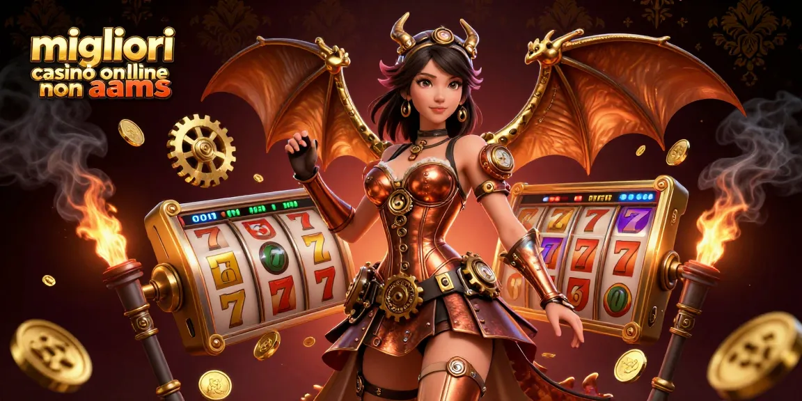 Migliori casinò online non AAMS che mostrano una vivace scena di casinò 3D con elementi di slot, monete e un drago steampunk