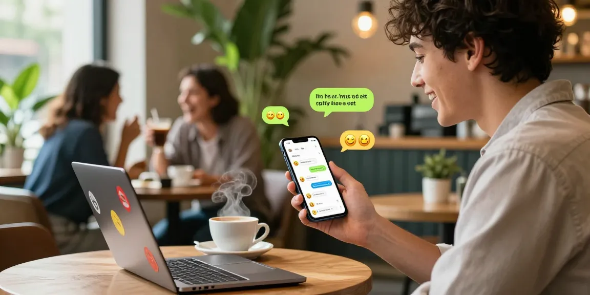 Engaging spicy chat conversation on mobile app in cozy café.